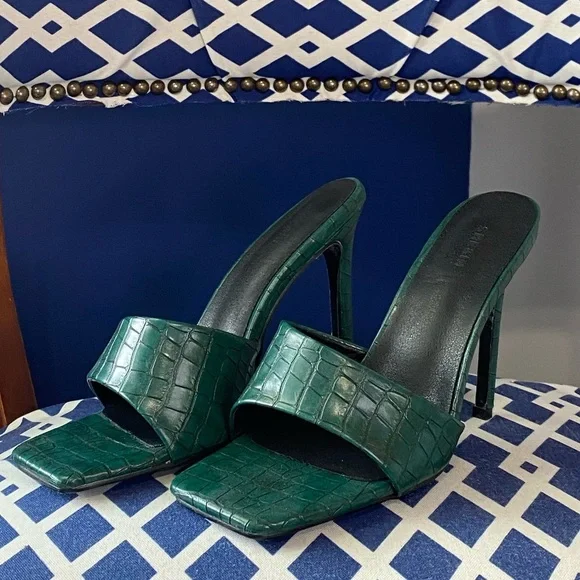 Dark green croc embossed print square toe high heel mule sandals sz 10 - Picture 4 of 7